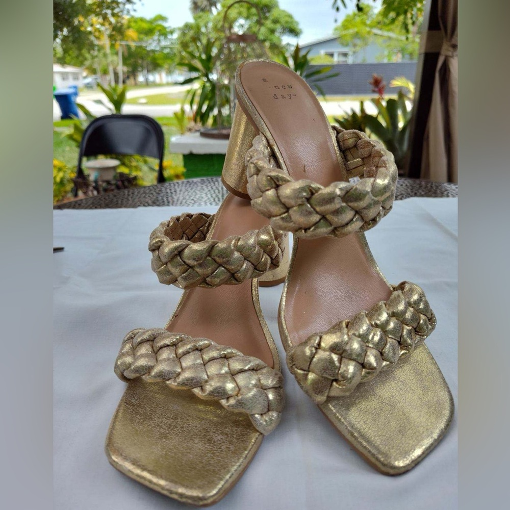 A New Day Crushed Gold Basil Braided Sandal Heels